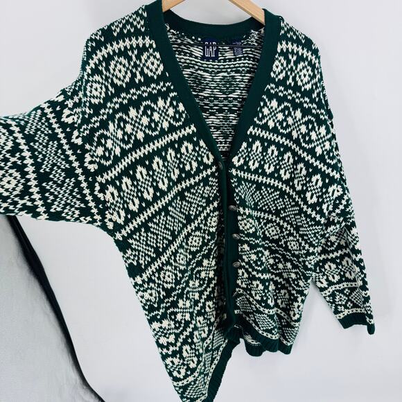 Vintage GAP Fair Isle Cardigan Sweater L 100% Cotton Made in Hong Kong Oversized - Picture 6 of 7